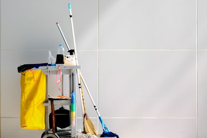 Cleaning Cart in the station.Cleaning cart with wall background.cleaning cart copy space