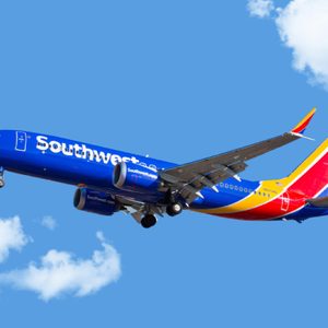 Southwest Airlines 737-800 MAX aircraft on final approach at Midway Airport.