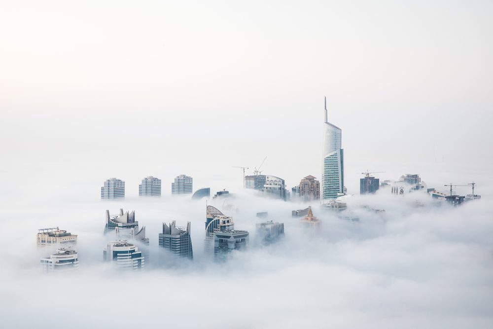 When cold desert air meets warm ocean air at the start of the winter, Dubai witnesses a unique sight of world’s highest skyscrapers drowning in fog. Dubai, UAE.