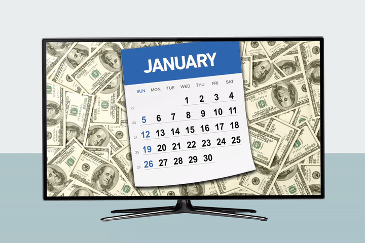 A TV displays a calendar page labeled 