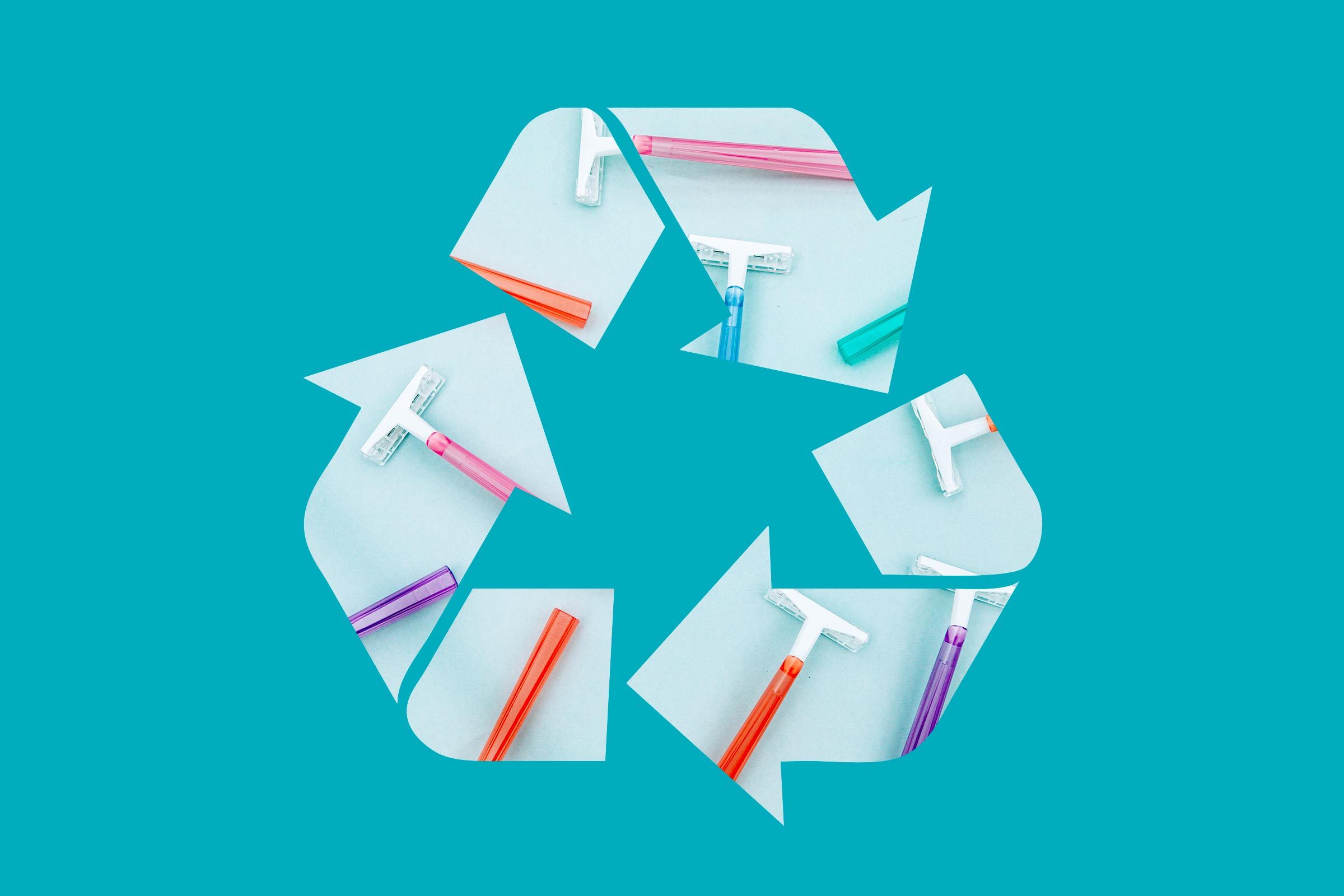 razors in a recycle symbol on a blue background