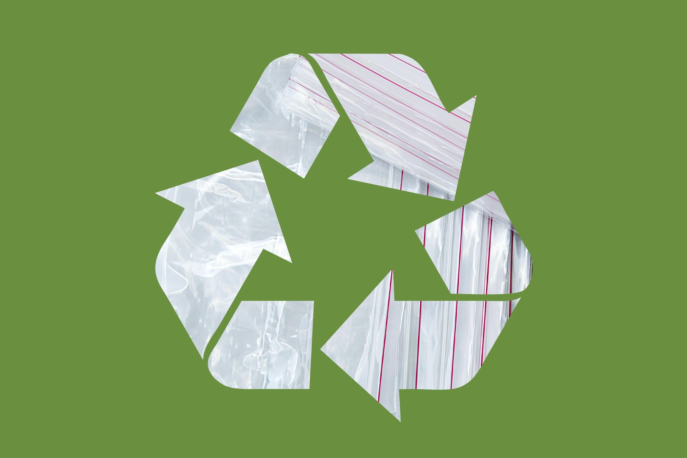 plastic ziplock bags in a recycle symbol on a green background