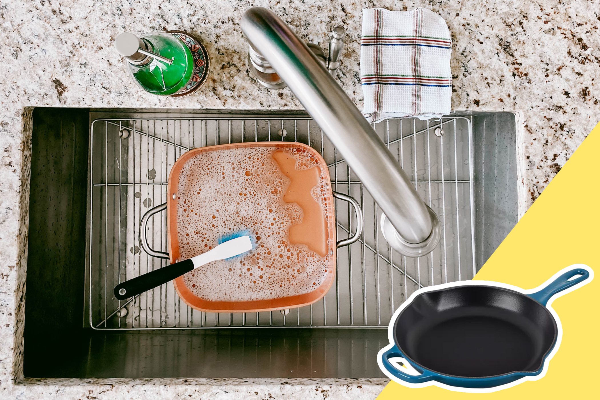 A pan is being scrubbed with a brush in a kitchen sink, surrounded by soap bubbles, a towel, and a soap dispenser.