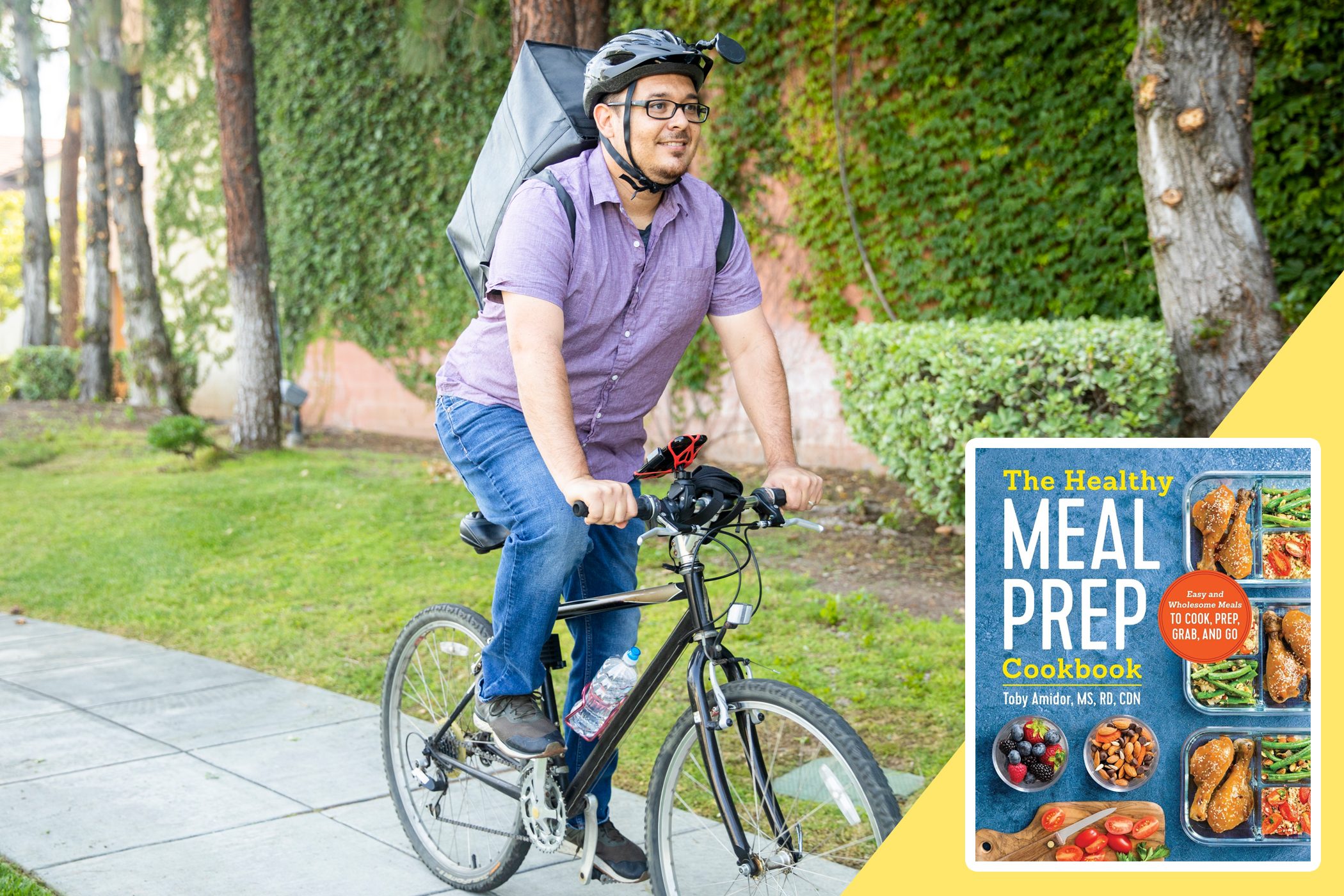Cyclist rides along a path, wearing a helmet and backpack, surrounded by greenery; inset shows "The Healthy Meal Prep Cookbook" cover.