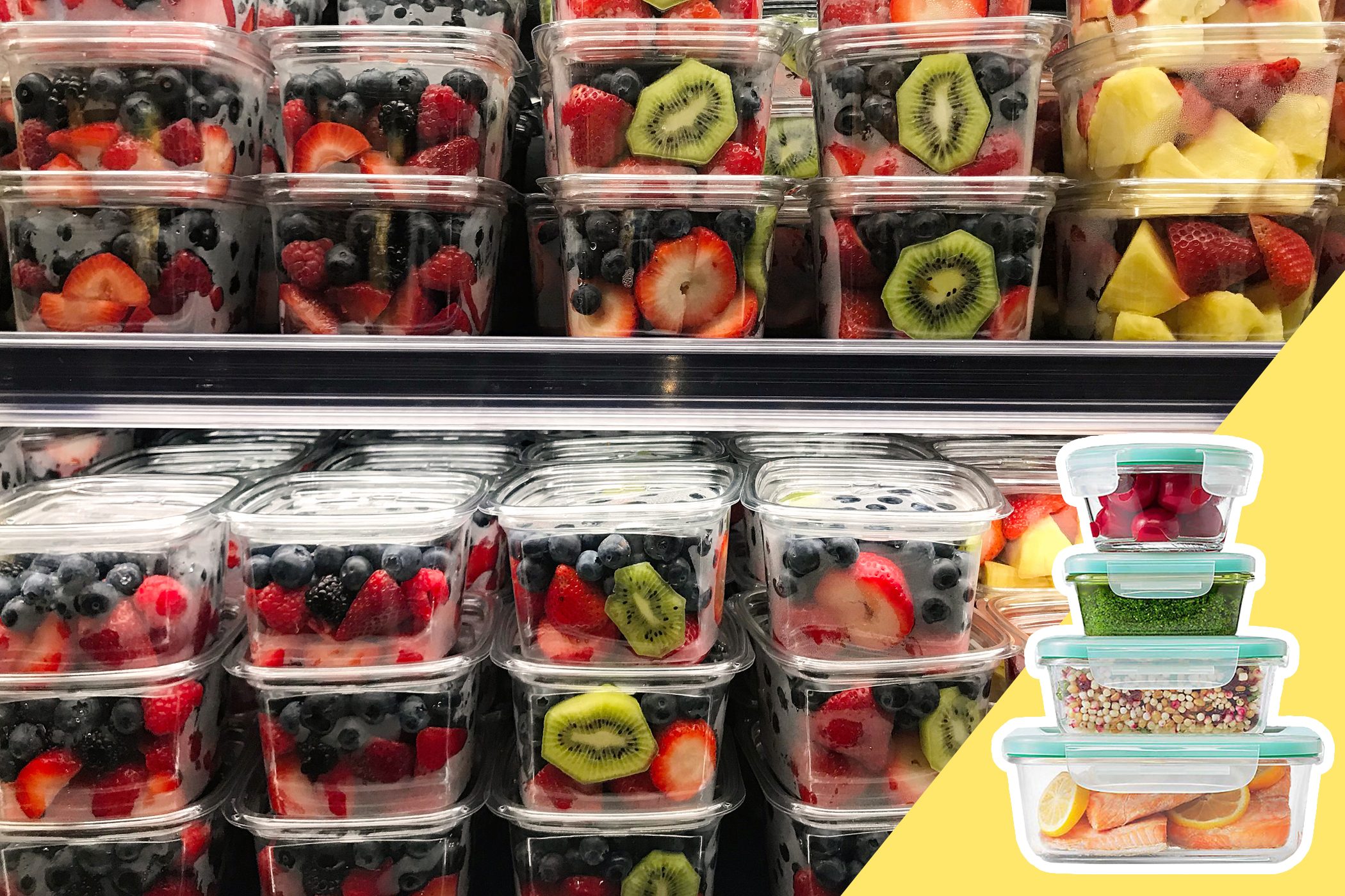 Plastic containers hold assorted fruits, stacked neatly in a refrigerated display, with additional containers illustrated on a yellow background.