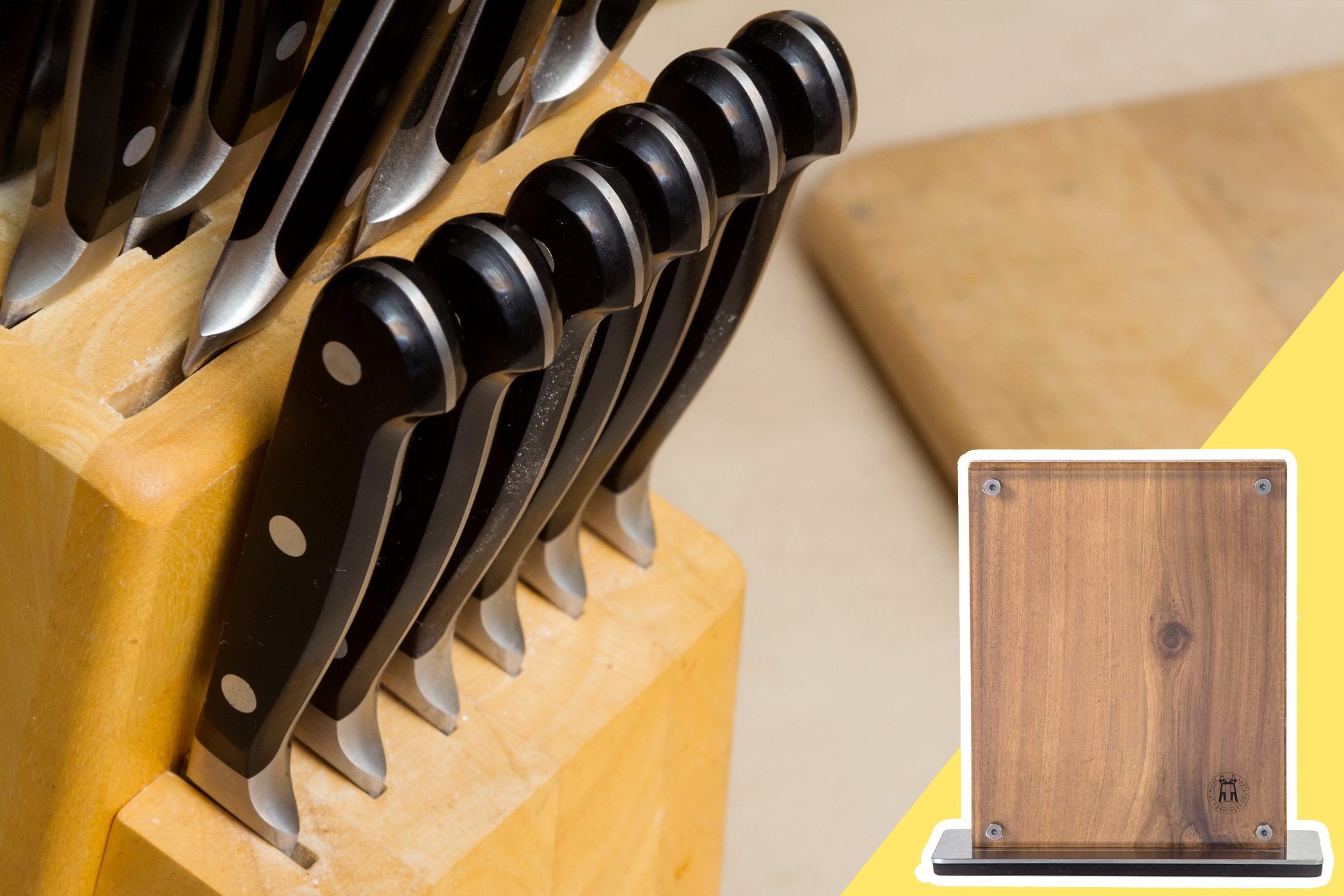 Knives stand upright in a wooden block on a kitchen counter; a wooden cutting board is partially visible in the background.