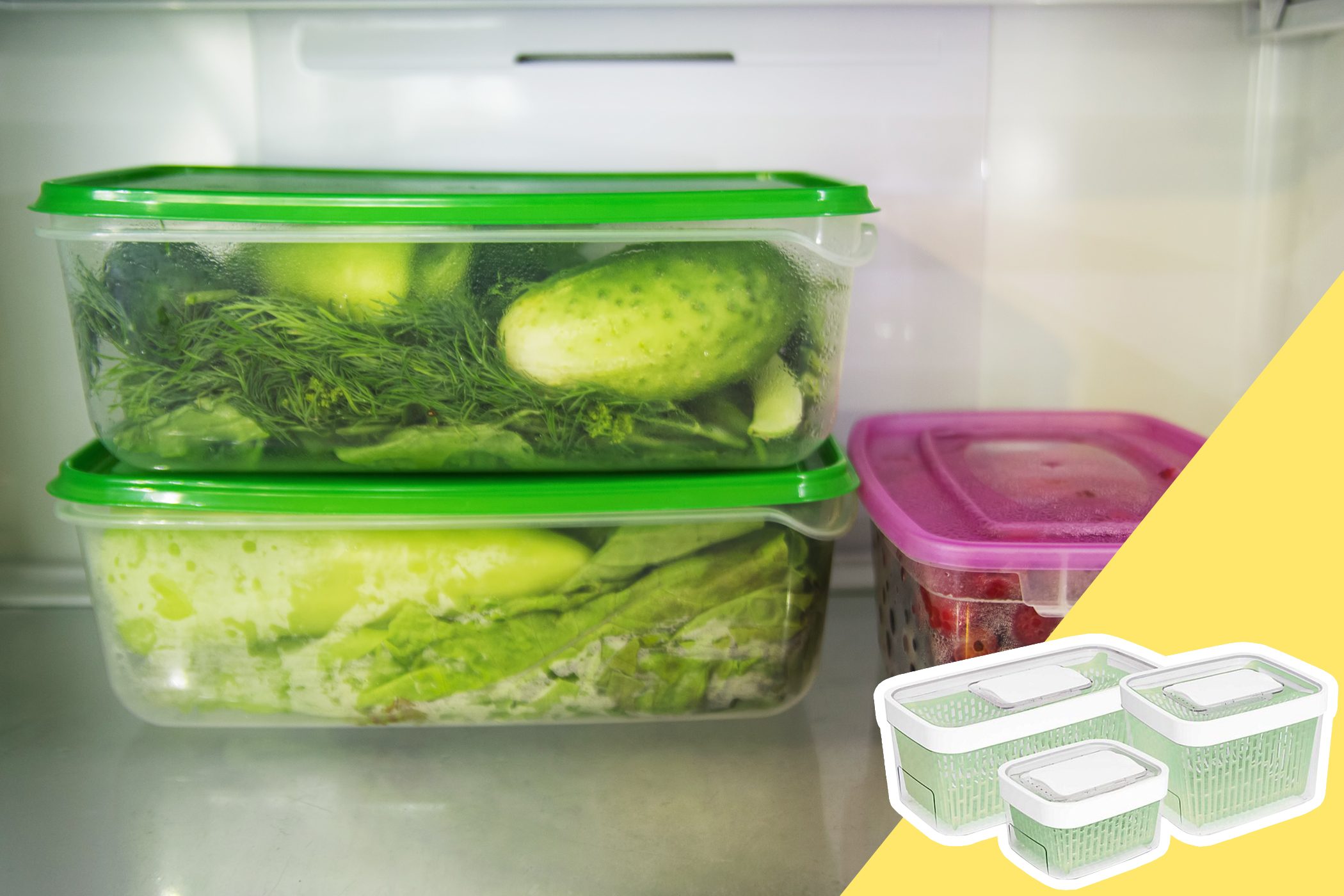 Plastic containers hold vegetables and berries in a refrigerator; a yellow corner displays alternative containers.