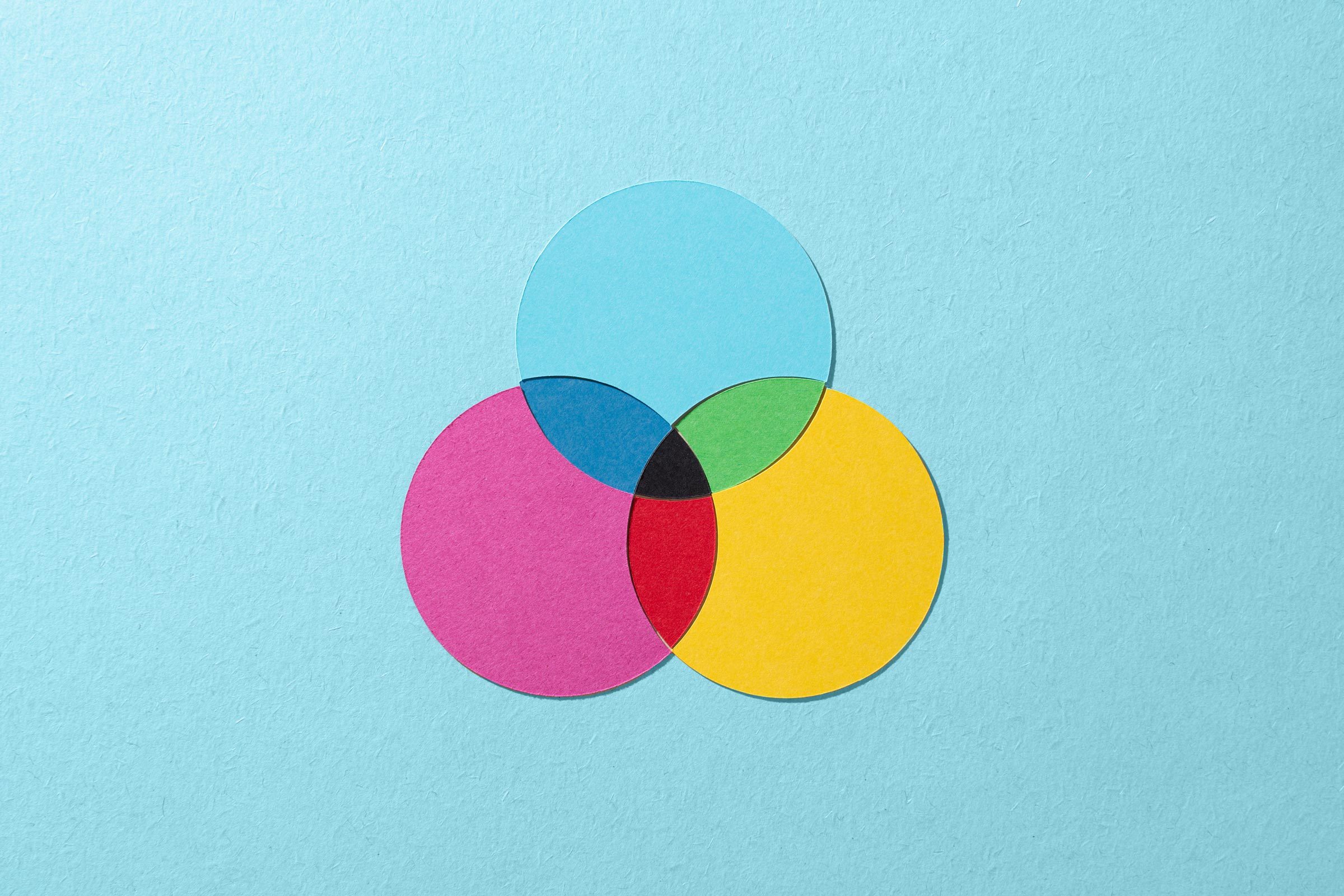 Three colored paper circles overlap, forming a Venn diagram on a light blue background.