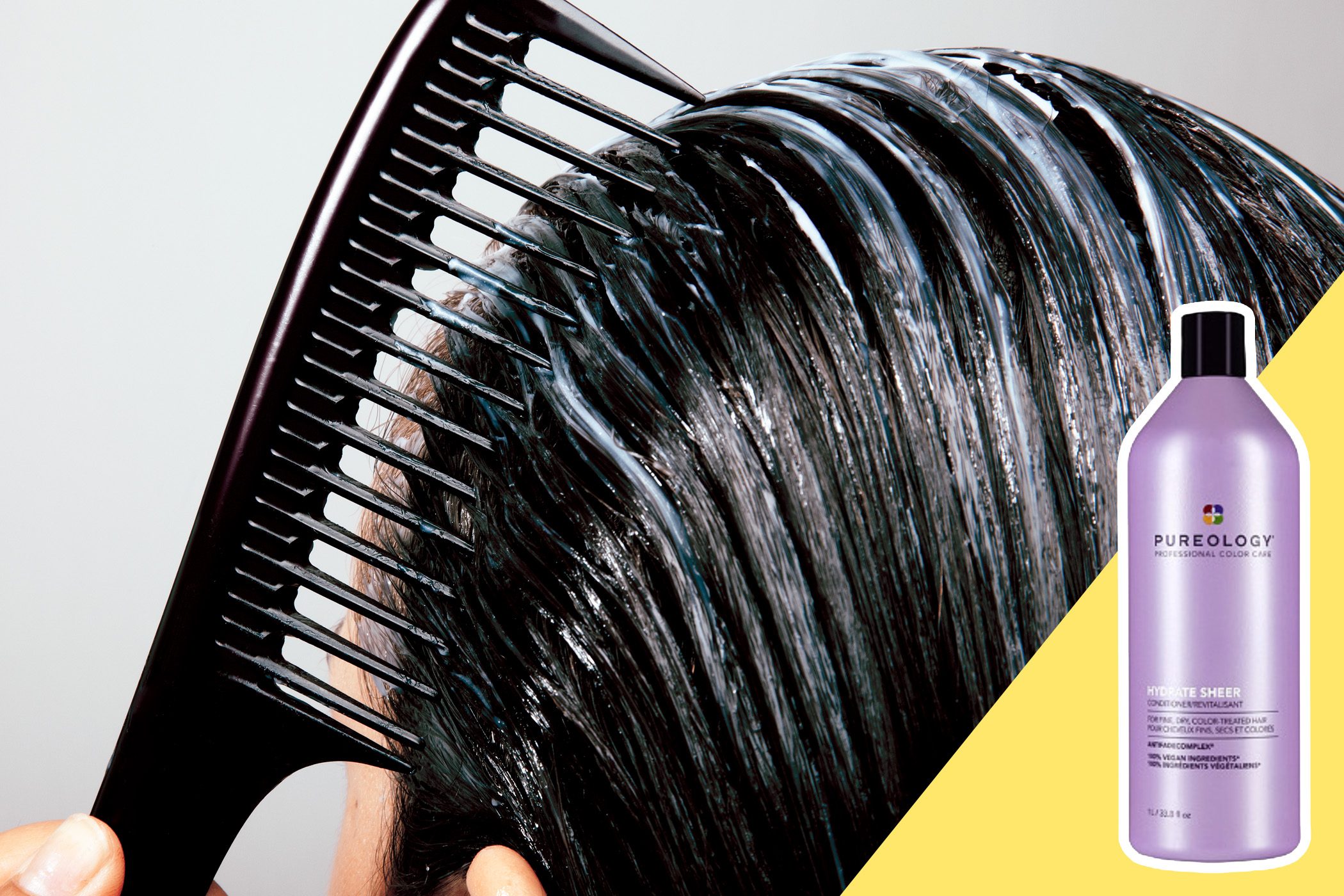 A comb smooths conditioner-laden hair; nearby, a purple Pureology Hydrate Sheer bottle stands against a yellow background.