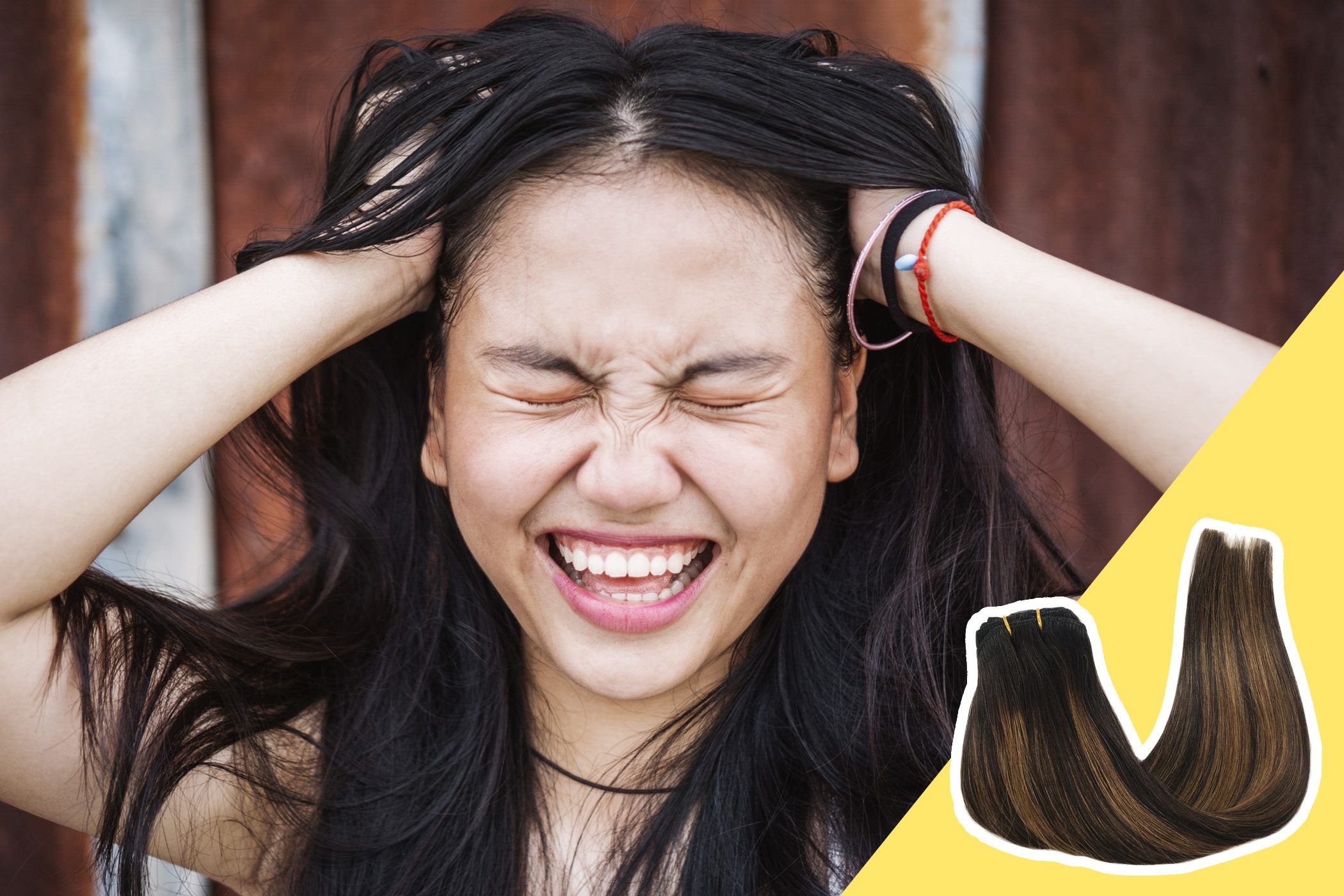 Person smiling widely, holding their head with both hands; hair extensions displayed on a yellow background in the corner.