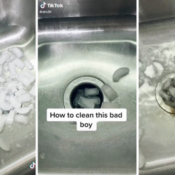 Ice cubes are placed in a metal sink drain. Text reads, "How to clean this bad boy." Surrounding area appears wet and metallic.