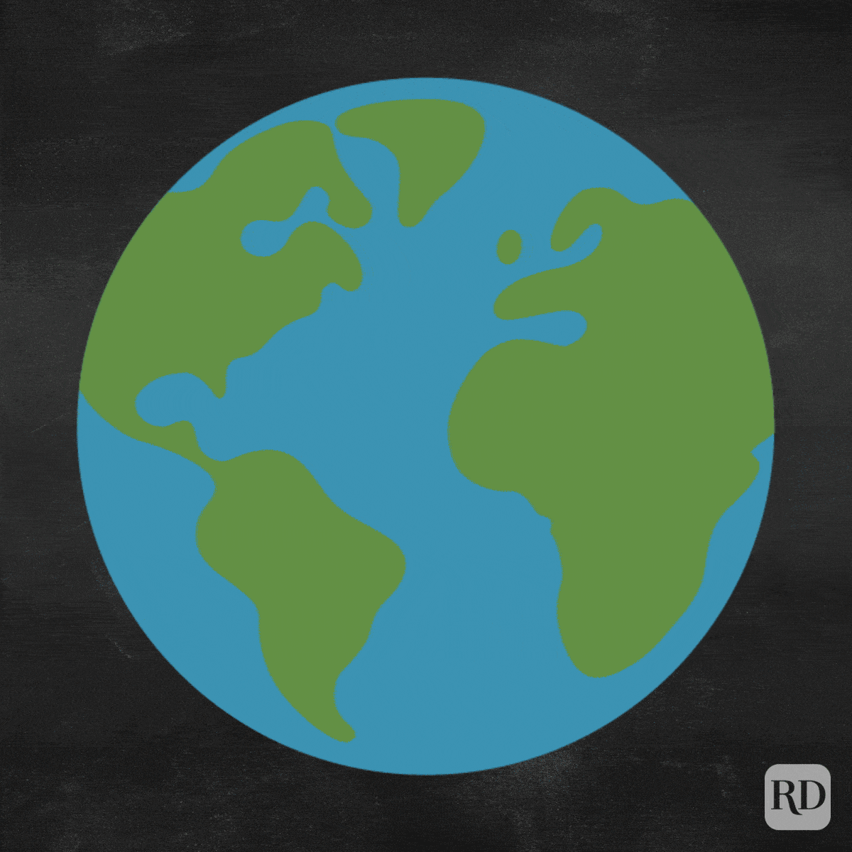Earth rotates against a blackboard background, showing blue oceans and green continents.