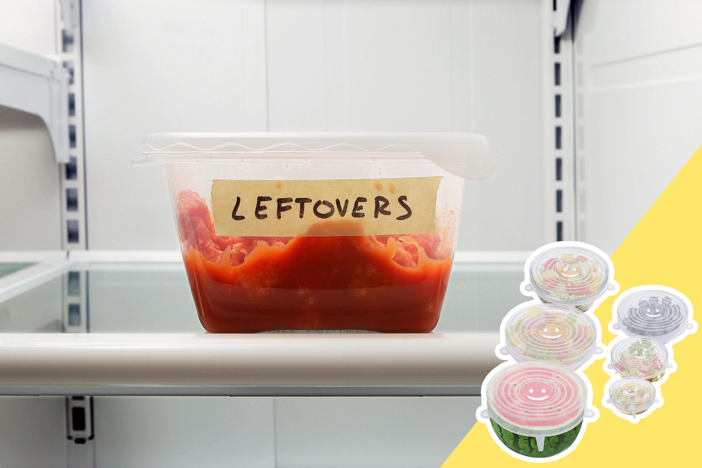 A container labeled "LEFTOVERS" is stored in a refrigerator, containing red sauce. Nearby, various sizes of sealed bowls are displayed on a yellow background.