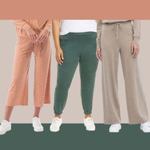 Three people wear various casual pants, standing in a row, against a color-blocked background. Two pants are wide-legged, one is tapered.