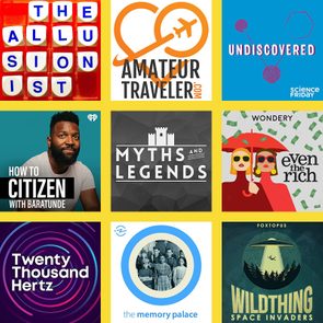 Nine square podcast covers; varied art styles. Includes titles: 