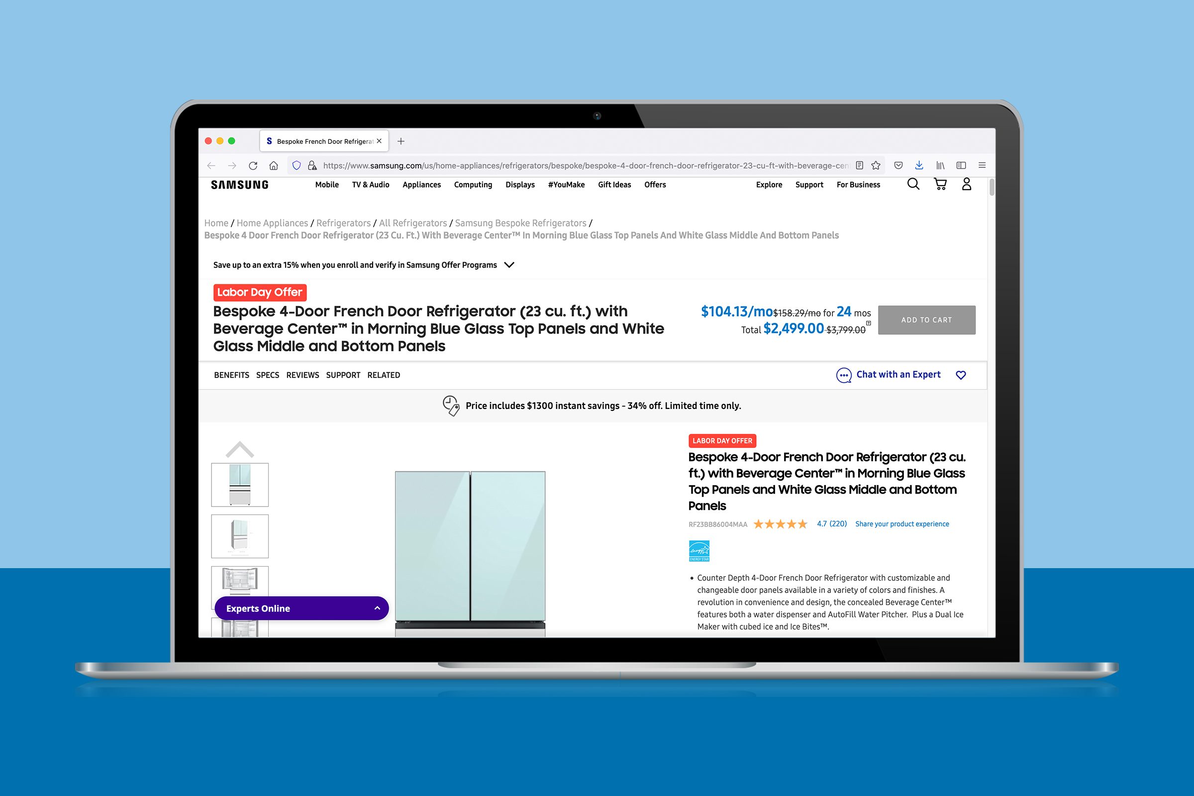 Laptop displays Samsung refrigerator sale webpage; includes product details, pricing, and promotional offers. Background is a solid blue color.