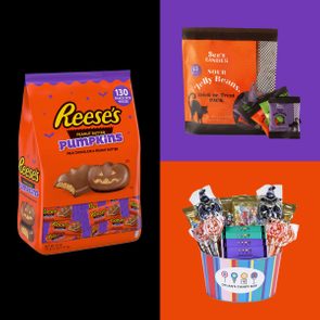 Reese's bag displays chocolate pumpkins; nearby, See's Candies jelly beans are shown with a Halloween theme; a candy basket contains lollipops and chocolate bars.