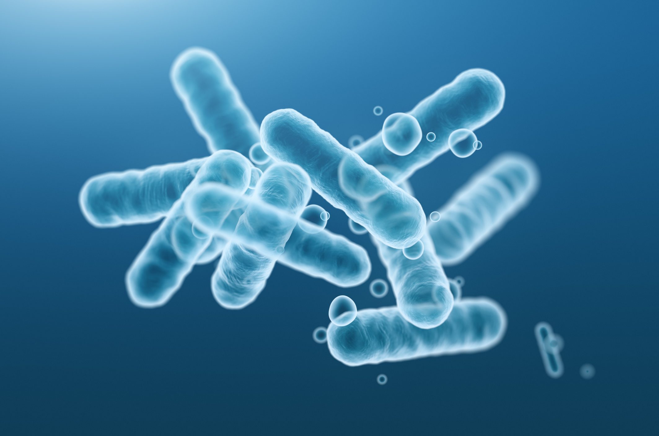 Close-up of 3d rendering microscopic blue bacteria.