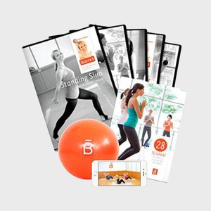 DVDs and exercise ball promote fitness. Women practice routines by window, with phone displaying workout video nearby. DVD cover reads 