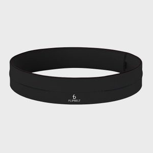 A black FlipBelt lies flat, designed for holding items securely during activities, against a plain light gray background.