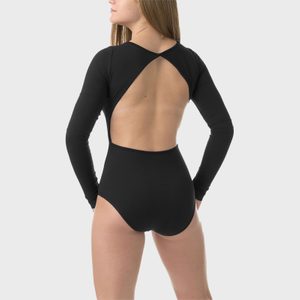 A person wears a backless black leotard, standing with arms slightly akimbo, against a plain white background.