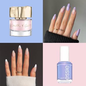 Nail polish bottles displayed with manicured hands showcasing lavender and French-tipped nails, set against pastel backgrounds. Text: 