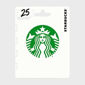 A $25 Starbucks gift card displays a green siren logo on a white background with 