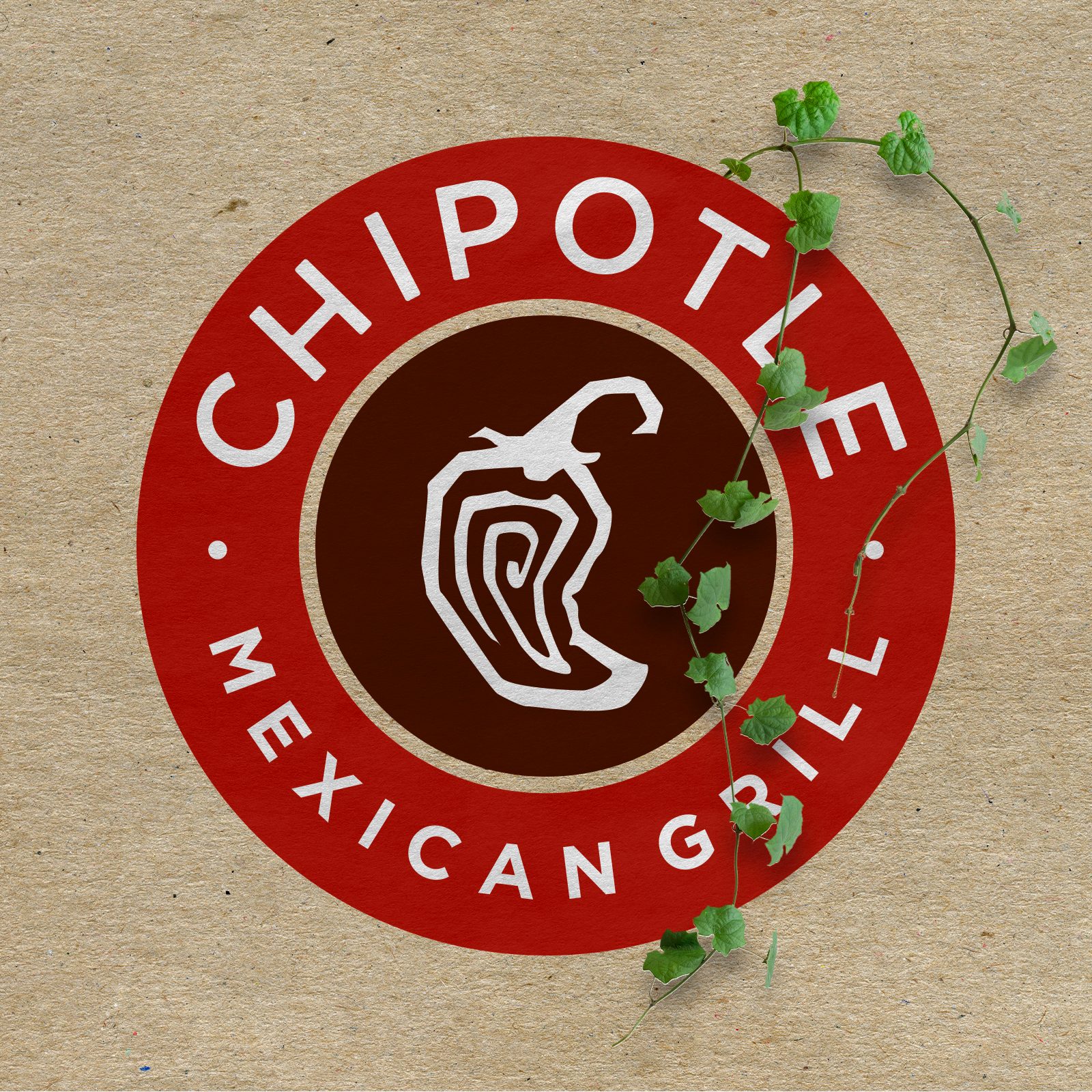 Chipotle logo with vines growing out on a kraft paper background