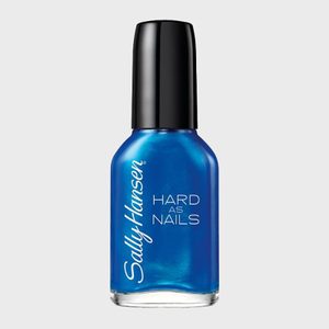 A blue nail polish bottle with black cap, labeled 