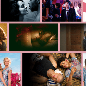 Collage shows couples in affectionate poses, varied settings and moods, mixing black-and-white and color scenes, highlighting romantic or budding relationships.
