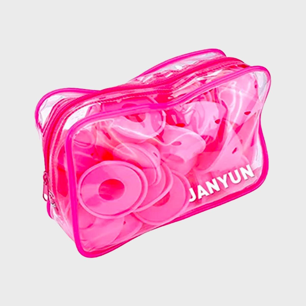 Pink plastic circular clips fill a transparent pink zippered bag, labeled "JANYUN," against a plain light gray background.