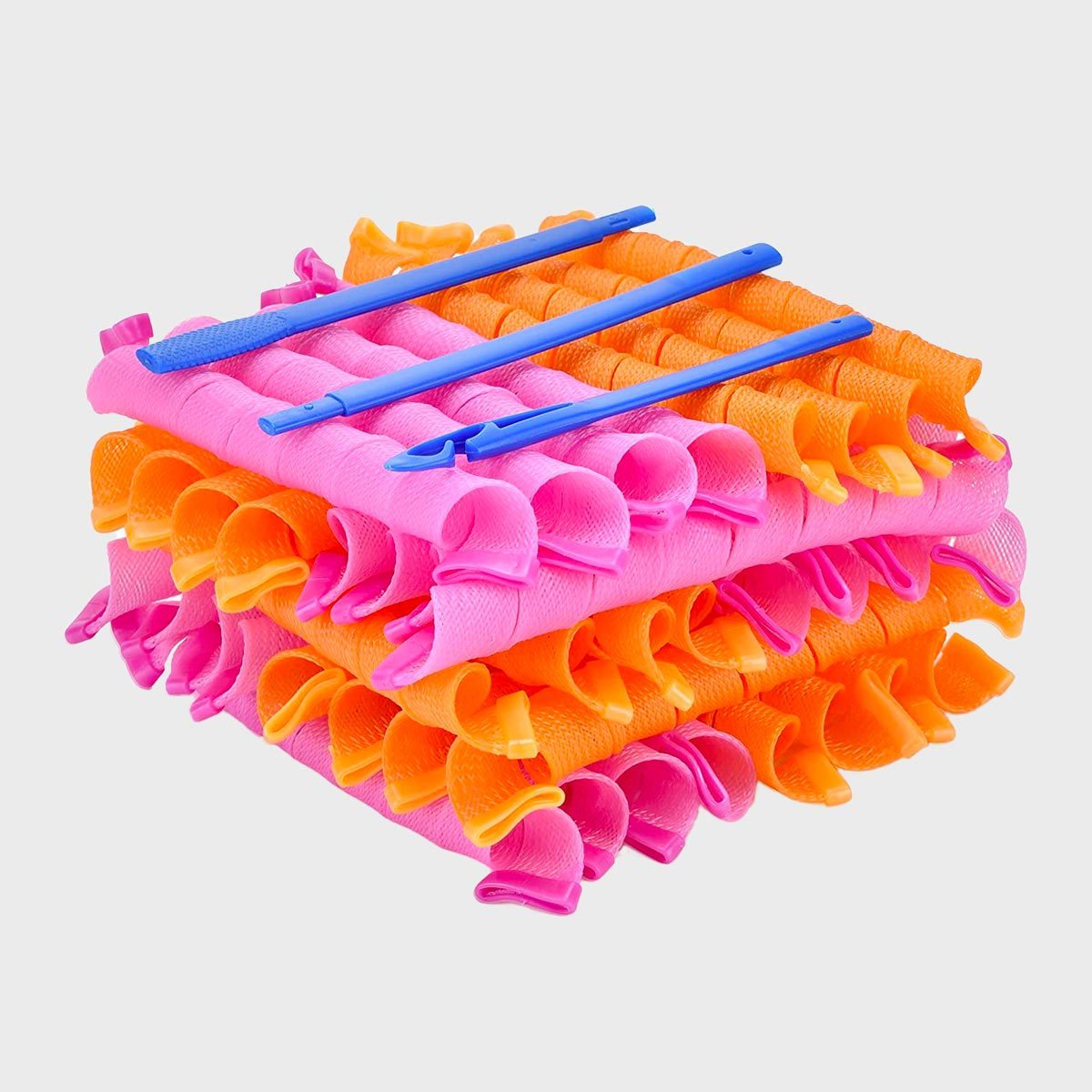 Colorful hair curlers stacked neatly with two blue hooks on top, set against a plain white background.