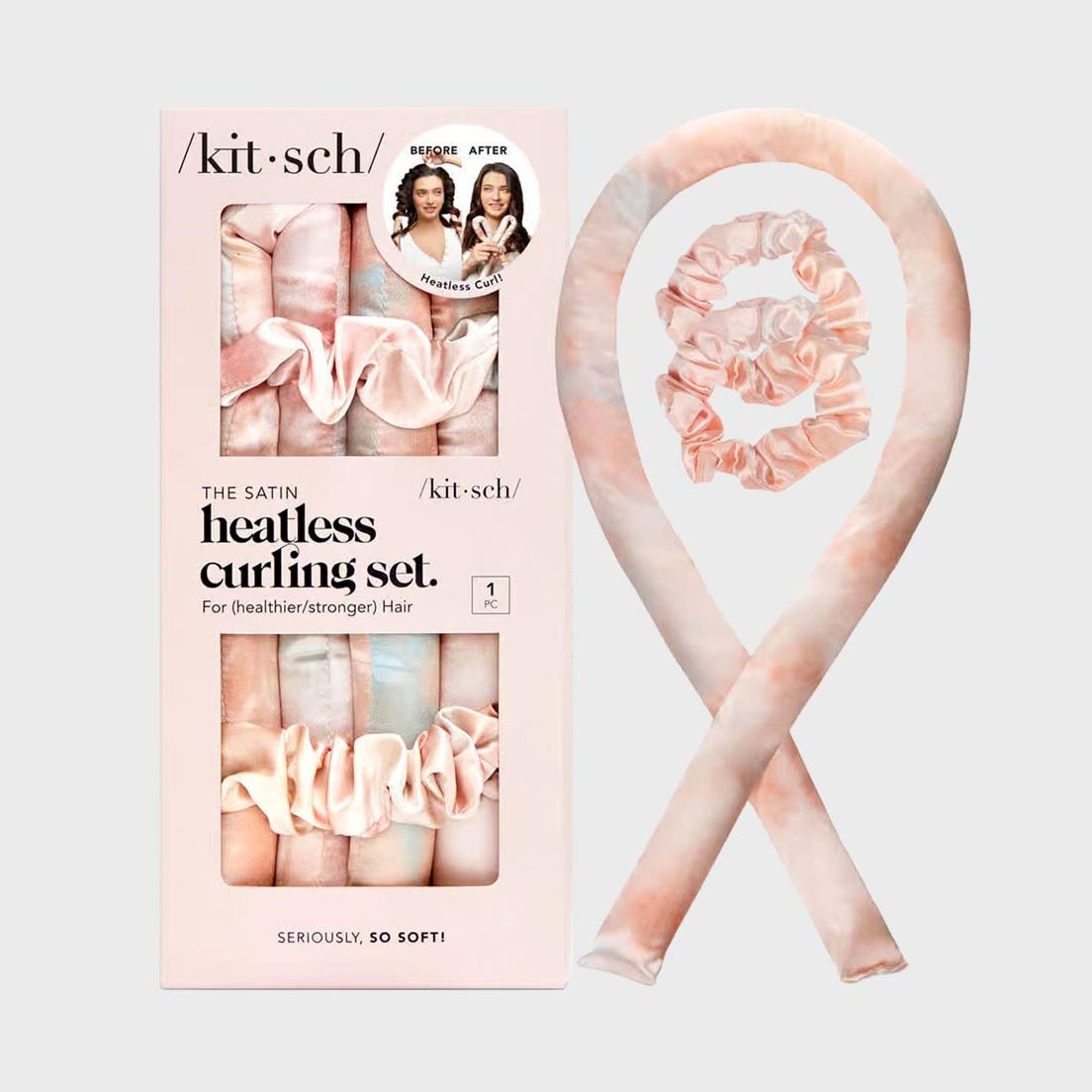 Package displaying a satin heatless curling set wrapped in pastel fabric, promising softer, healthier hair. Includes text emphasizing its softness and hair results.