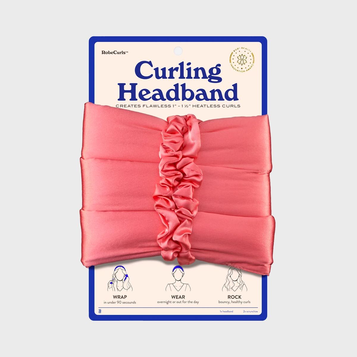 Headband curls hair, displayed on packaging. Text includes product name "Curling Headband," and instructions: "Wrap," "Wear," "Rock" for bouncy, heatless curls.