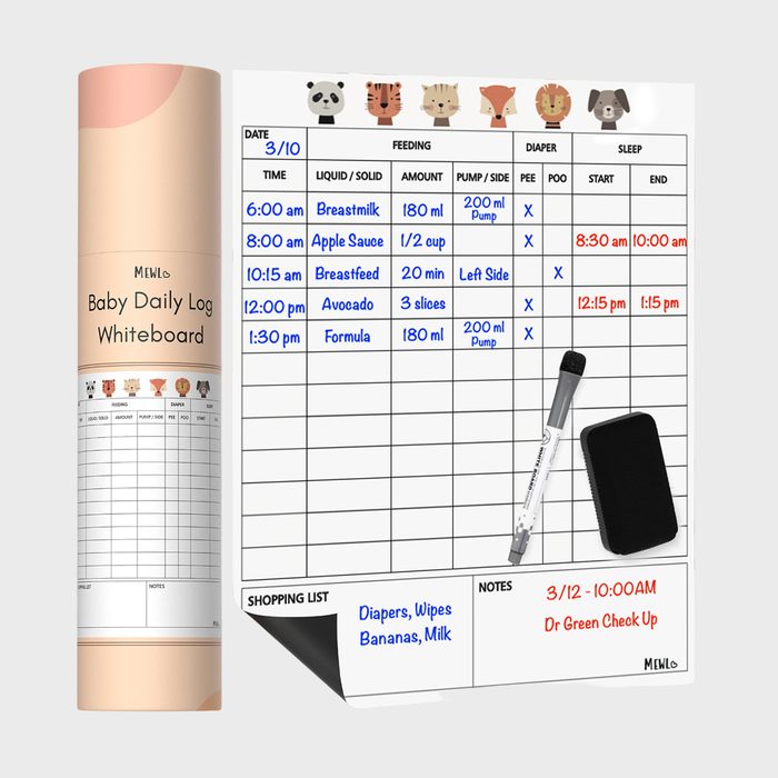 Whiteboard log displays baby feeding schedule with times, amounts, and notes. Includes a marker and eraser. Shopping list notes: Diapers, Wipes, Bananas, Milk.