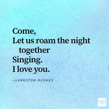Text on a textured blue background reads: "Come, Let us roam the night together Singing. I love you." â€”Langston Hughes.