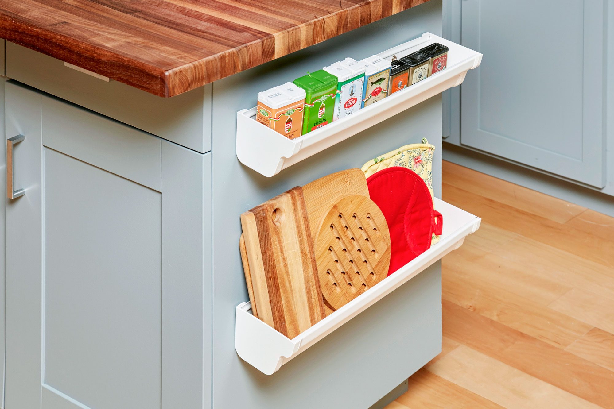 Creative Storage by adding shelves to the end of a kitchen island
