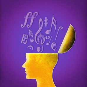 A yellow head silhouette opens with musical symbols emerging, set against a purple background.