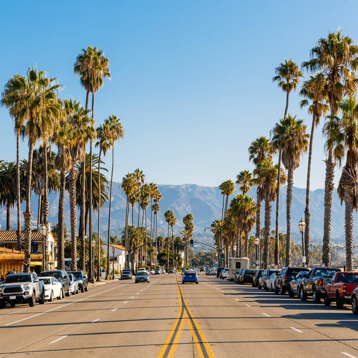 Palm trees line a sunny street with parked cars and mountains in the background, under a clear blue sky.