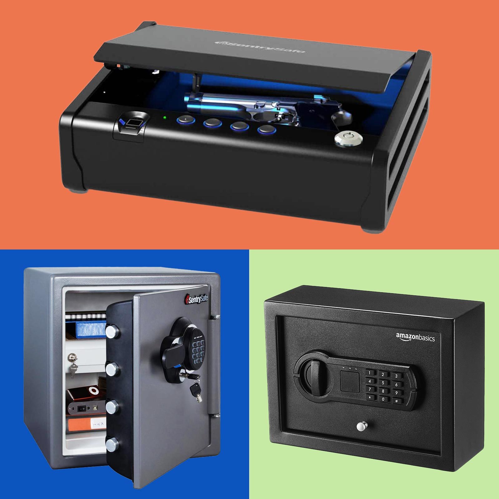 Three safes are displayed: a black handgun safe opening, a silver safe containing valuables, and a small black electronic safe.