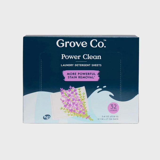 Box displays Grove Co. Power Clean laundry detergent sheets, promoting 