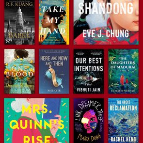 Nine book covers are arranged in a grid, each displaying titles and colorful, thematic artwork against a red background.