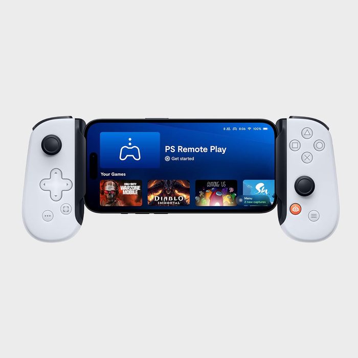 Game controller attached to a phone, displaying 