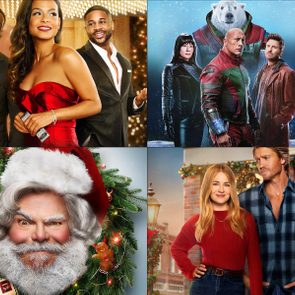 Top left: Three people smiling, dressed formally, in festive lighting. Top right: People with animals, wearing futuristic outfits in snowy setting. Bottom: Santa in wreath; couple in Christmas setting.
