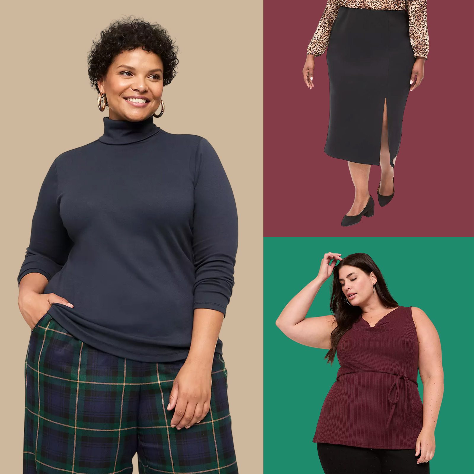 Three women model different outfits; one in a turtleneck with plaid pants, another in a pencil skirt, and the third in a sleeveless top.