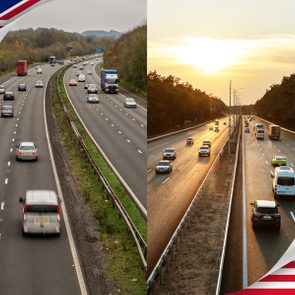 Vehicles drive on parallel highways; left under cloudy sky, right during sunset; British and American flag corners indicate respective locations.