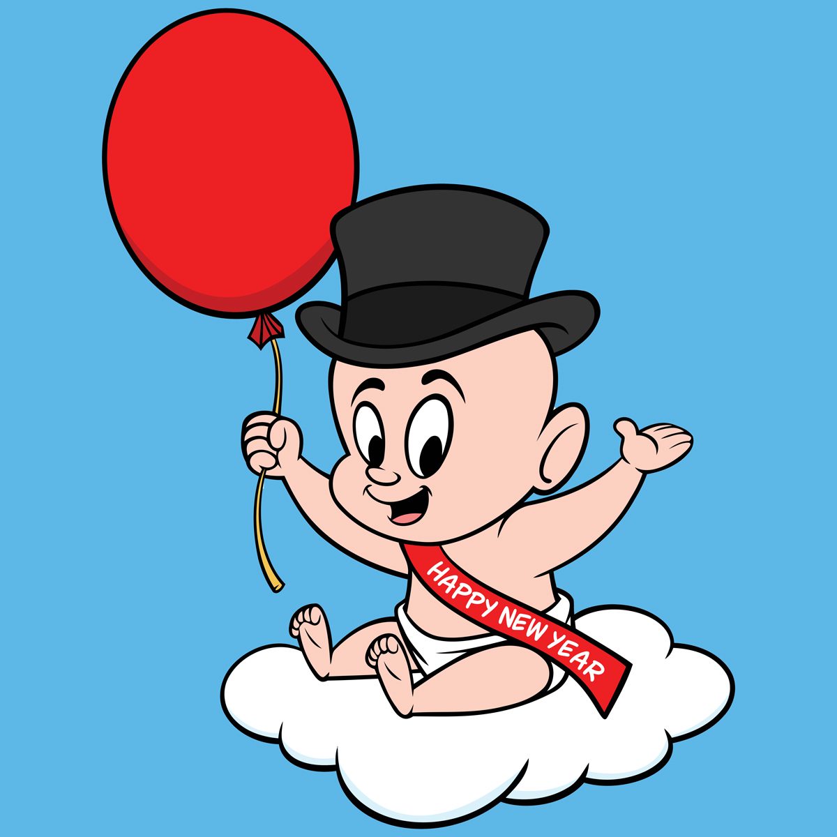 Baby wearing a top hat holds a red balloon, sitting on a cloud, with a "Happy New Year" sash, against a blue background.