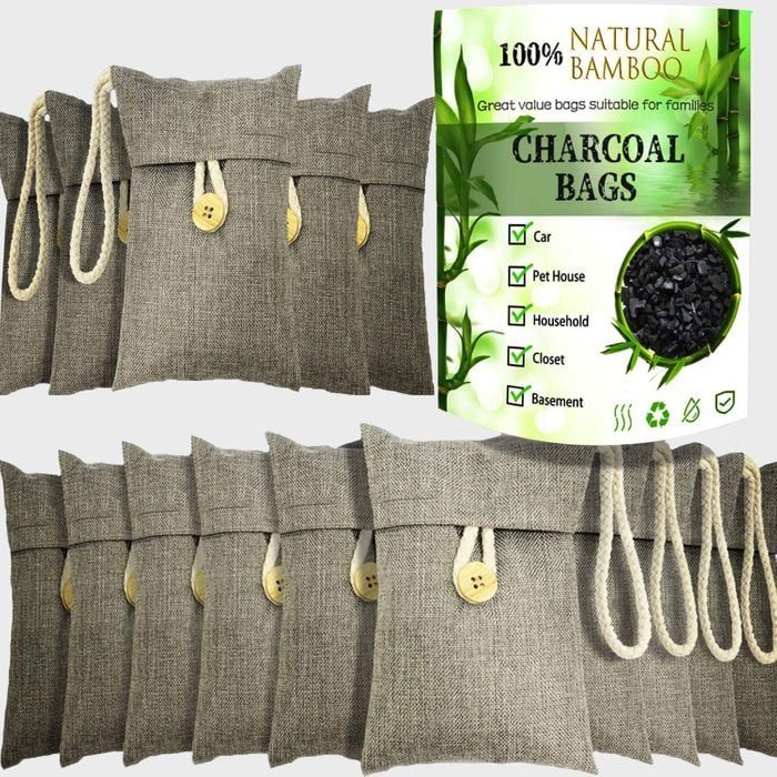 Bags displayed in pairs with buttons and loops, accompanied by packaging highlighting their use: car, pet house, household, closet, and basement with bamboo illustration.